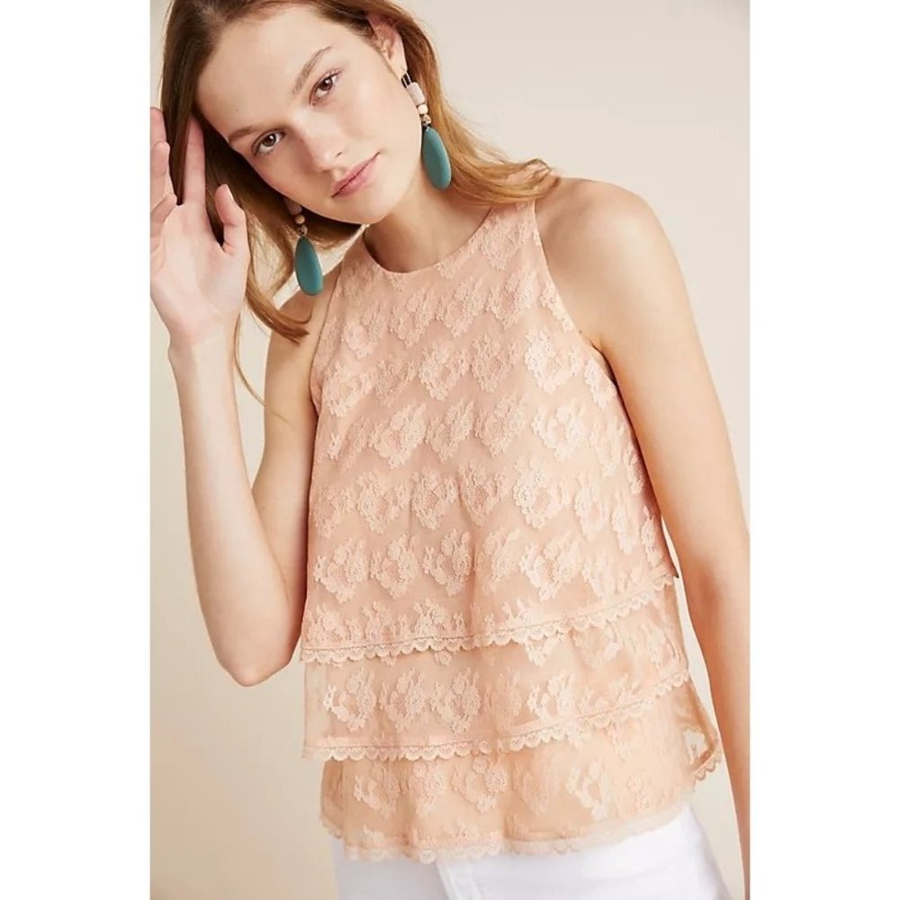 Anthropologie Womens Tiered Lace Blouse Top 2 Peach Sleeveless Ruffle High Neck
